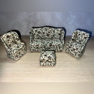 1:12 Scale Vintage Dollhouse Sofa Set Floral Upholstery (4 Piece)